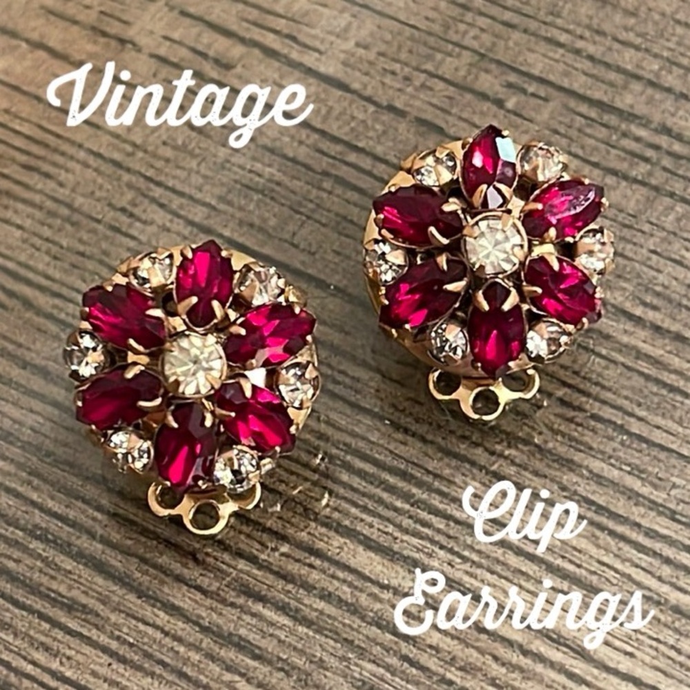 Vintage Round Red & Clear Flower Rhinestone Clip Earrings